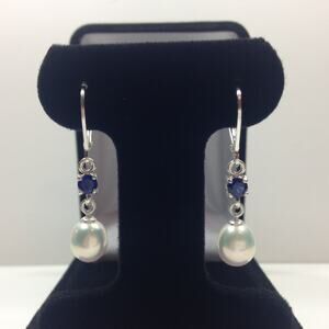 Beautiful Pearl & Sapphire Earrings in Sterling Silver Dangle Pearl Earrings